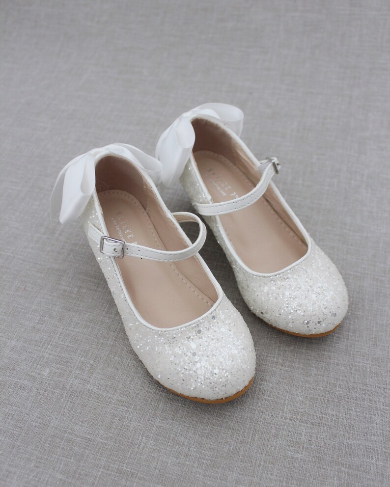 Girls Heel Glitter Shoes White Rock Glitter mary-jane heels with added satin bow, Baptism and Christening Shoes, Holiday Shoes NONE