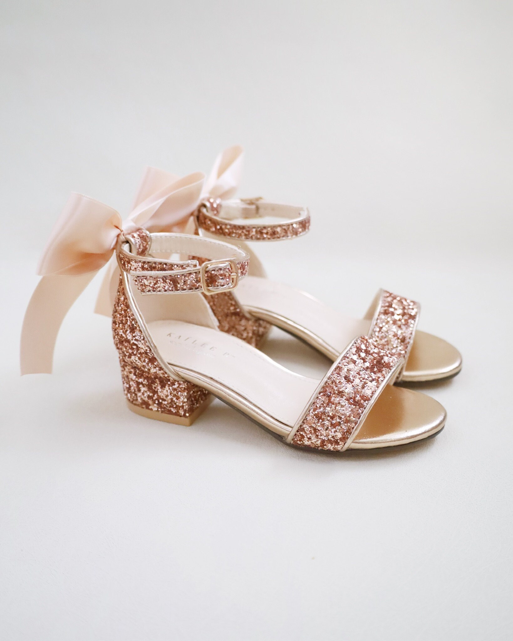 Rock Glitter Low Block Heel Girls Sandals with Back Satin Bow, Flower Girls Sandals, Birthday Shoes, Costume Shoes