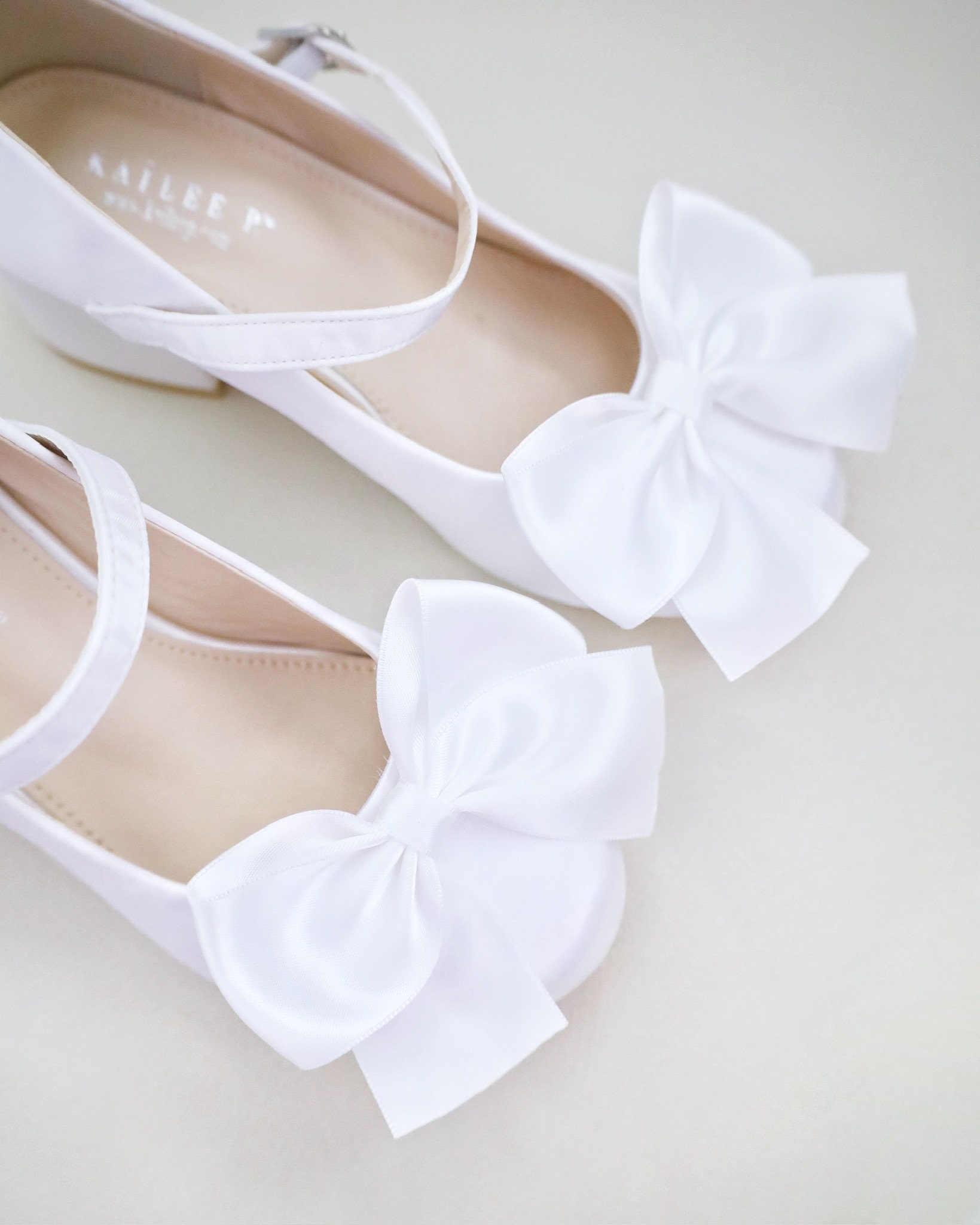 Ivory & White Satin Mary Jane Girls Block Heel With Front Satin Bow ...