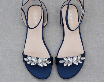 Navy Satin Flat Sandal with BUTTERFLY BROOCH, Bridesmaid Shoes, Women Sandals, Something Blue, Fall Wedding Shoes, Holiday Shoes