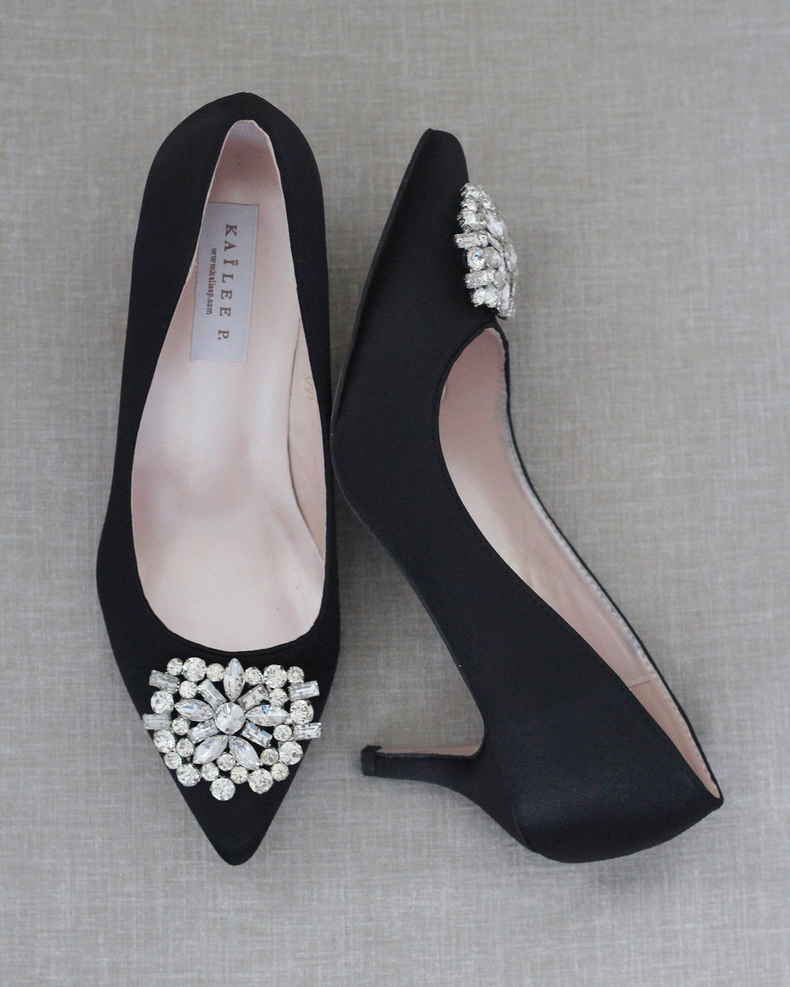 Black Satin Pointy toe Kitten Heels with oversized Brooch image 1