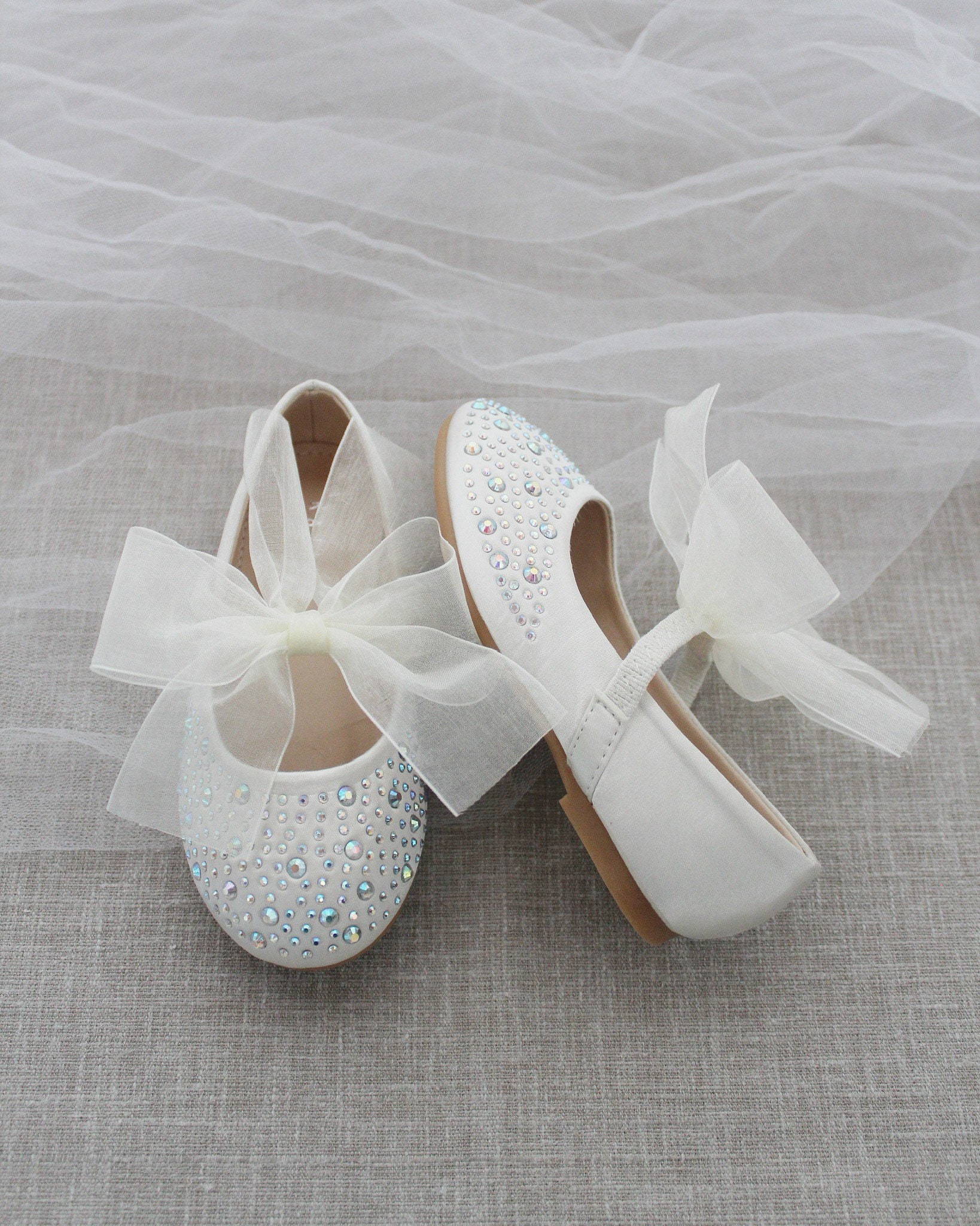 Ivory Satin Mary Jane Flats With IVORY CHIFFON BOW and Rhinestones- for ...
