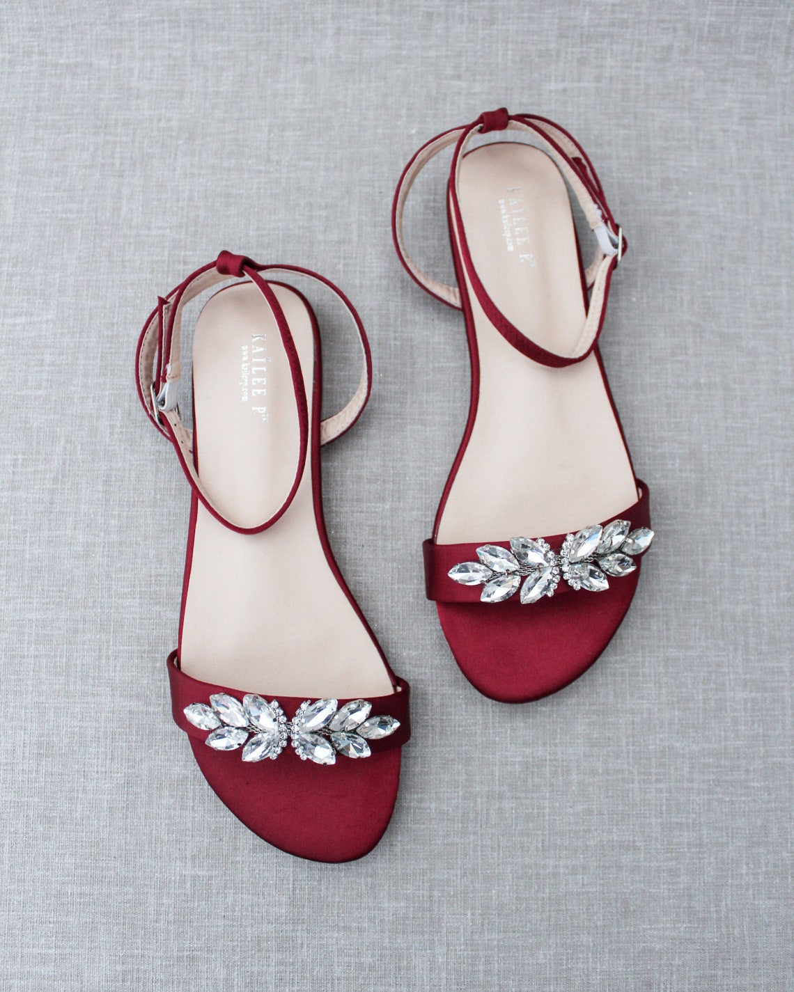 Burgundy Satin Flat Sandal with BUTTERFLY BROOCH Bridesmaid image 1