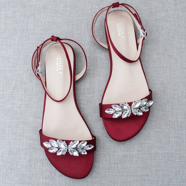 Burgundy Satin Flat Sandal with BUTTERFLY BROOCH, Bridesmaid Shoes, Women Sandals, Wedding Sandals, Holiday Shoes, Fall Wedding Shoes