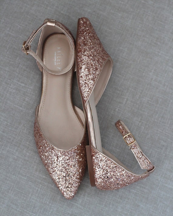 Rose Gold Rock Glitter Pointy Toe Flats with Ankle Strap & Organza Bow, Fall Wedding Shoes, Bride Shoes, Bridesmaids Shoes, Holiday Shoes