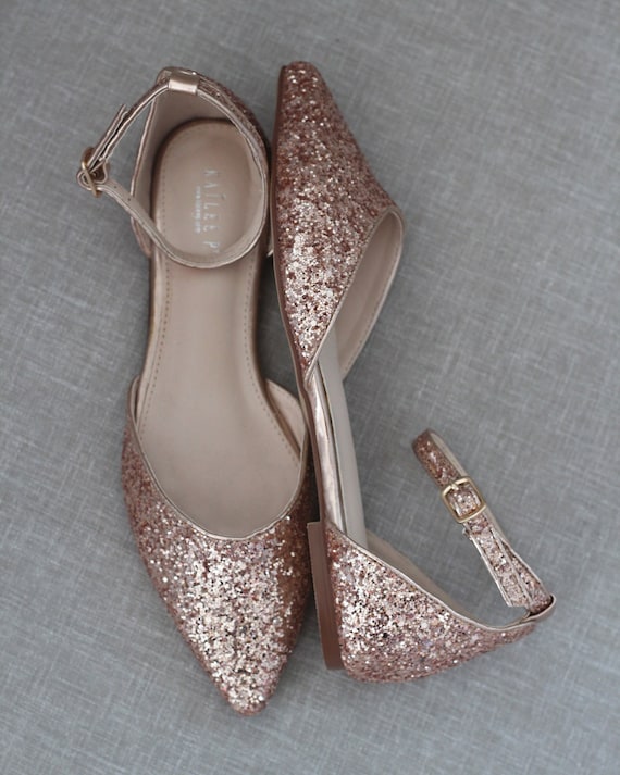 Rose Gold Rock Glitter Pointy Toe Flats with Ankle Strap & Organza Bow, Fall Wedding Shoes, Bride Shoes, Bridesmaids Shoes, Holiday Shoes