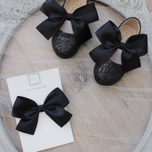 BLACK Rock Glitter Maryjane with BLACK SATIN bow Flower Girl Shoes, Holiday Party Shoes, Black Shoes, Fall Girls Shoes image 6