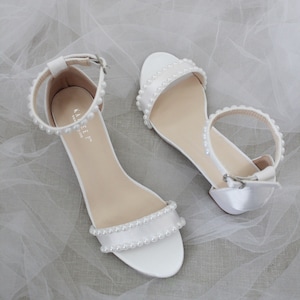 Women & Kids Shoes White Satin Block Heel Sandal with PEARLS, Women Sandals, Wedding Sandals, Flower Girls Shoes, Mommy and Mini Shoes image 5