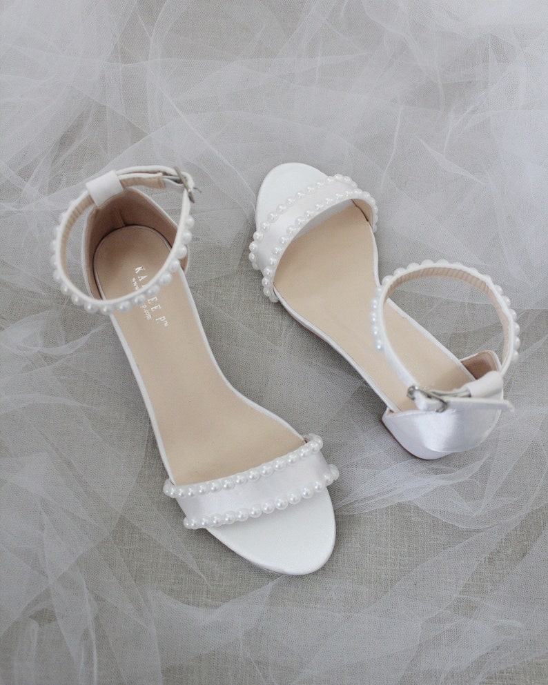 Women & Kids Shoes White Satin Block Heel Sandal with PEARLS, Women Sandals, Wedding Sandals, Flower Girls Shoes, Mommy and Mini Shoes image 5