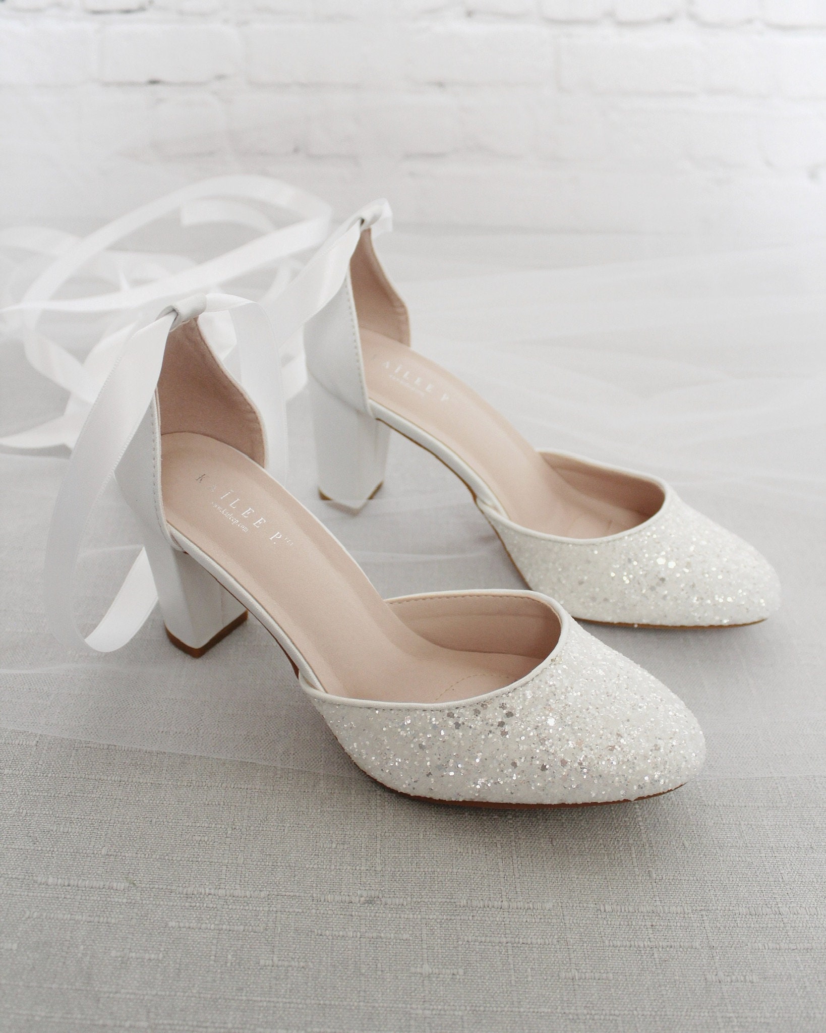 white sparkly block heels