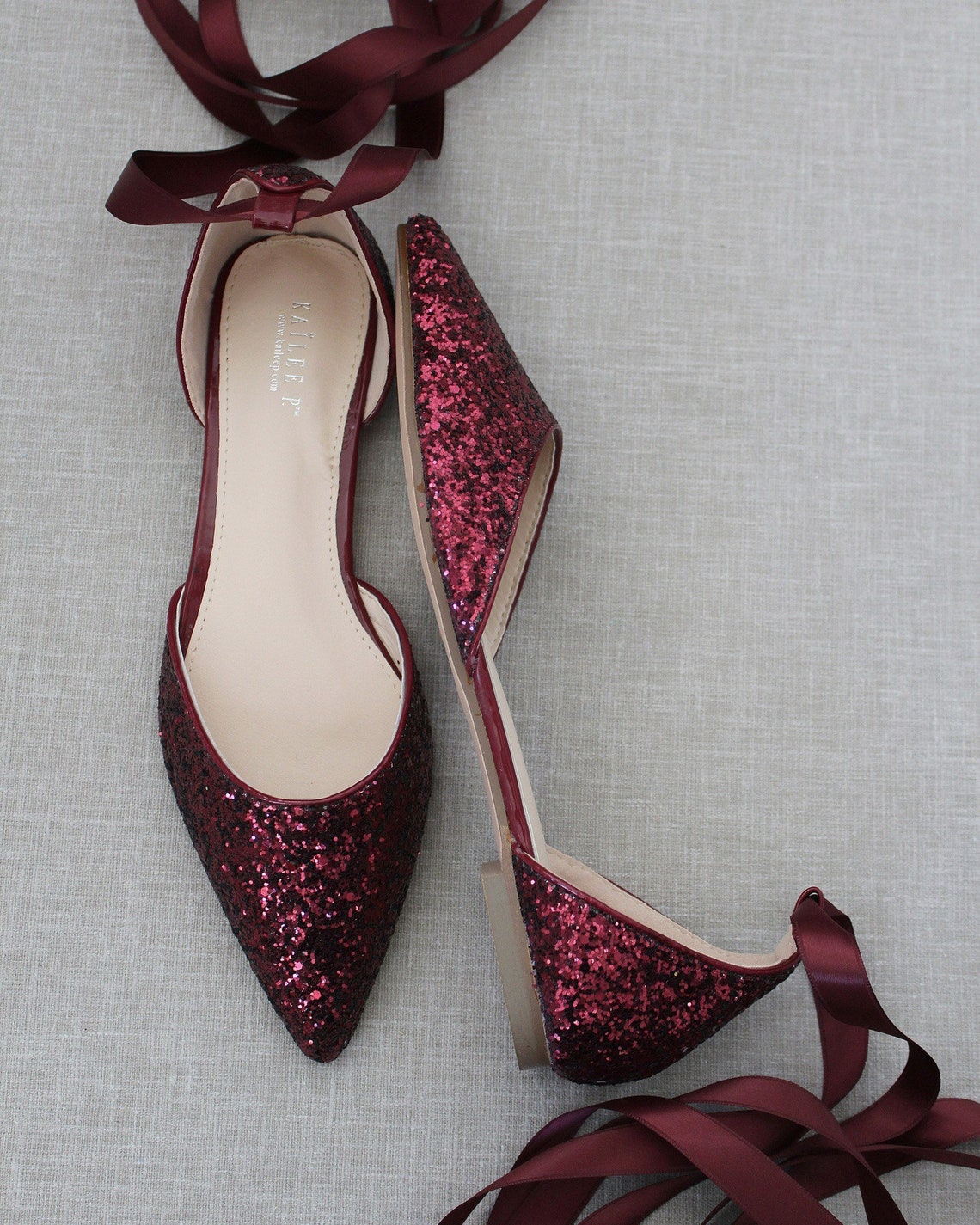 Burgundy Rock Glitter Pointy Toe Flats with satin ANKLE TIE or | Etsy