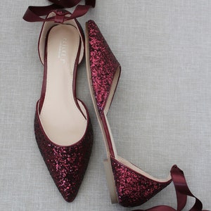 Burgundy Rock Glitter Pointy Toe Flats With Satin ANKLE TIE or ...