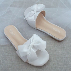 WHITE SATIN Slide Flat Sandals With Satin Bow Bridal - Etsy