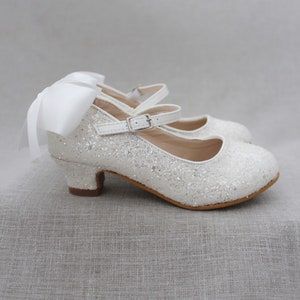 Girls Heel Glitter Shoes White Rock Glitter mary-jane heels with added satin bow, Baptism and Christening Shoes, Holiday Shoes image 4
