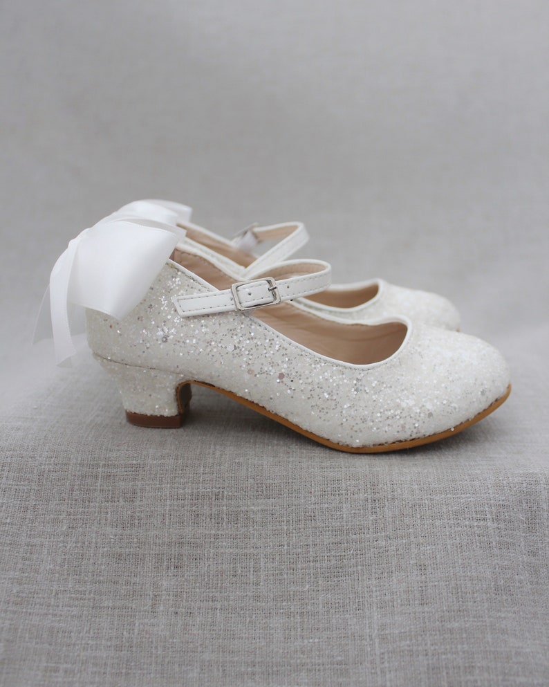 Girls Heel Glitter Shoes White Rock Glitter mary-jane heels with added satin bow, Baptism and Christening Shoes, Holiday Shoes image 4