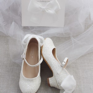 Girls Heel Glitter Shoes White Rock Glitter mary-jane heels with added satin bow, Baptism and Christening Shoes, Holiday Shoes 1 SATIN HAIR CLIP