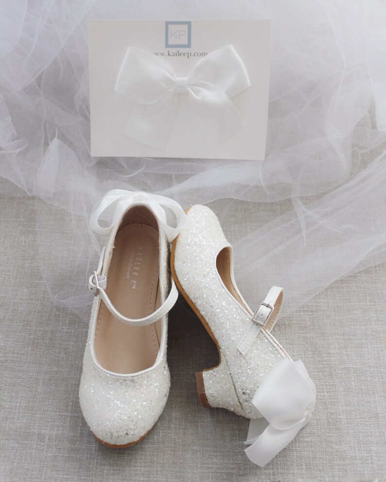 Girls Heel Glitter Shoes White Rock Glitter mary-jane heels with added satin bow, Baptism and Christening Shoes, Holiday Shoes 1 SATIN HAIR CLIP