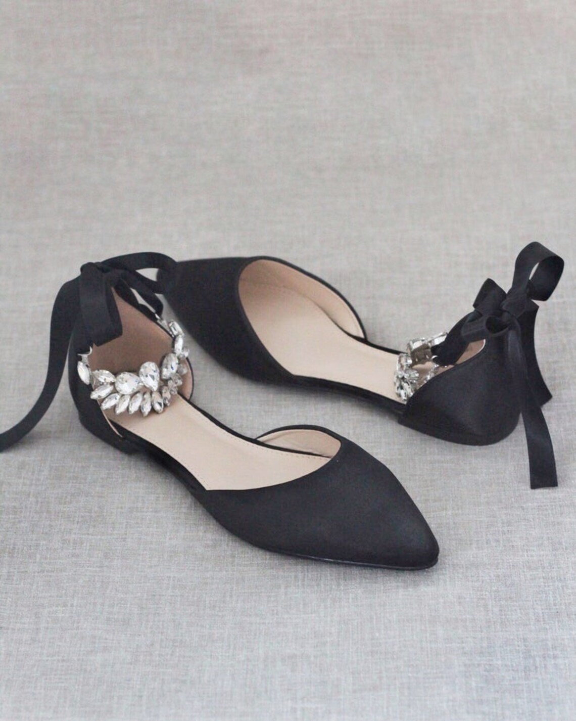 Black Satin Pointy Toe flats with PEAR CLUSTER Ankle Strap image 1