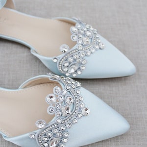 Light Blue Satin Pointy Toe Flats With Sparkly RHINESTONES APPLIQUE ...