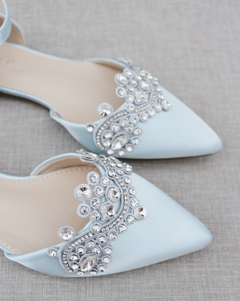 Light Blue Satin Pointy Toe Flats with Sparkly RHINESTONES APPLIQUE , Women Wedding Shoes, Bridal Shoes, Something Blue, Bridesmaids Shoes image 6