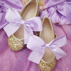 Gold Rock Glitter Mary Jane with Lavender Satin Bow for Halloween Costume Shoes, Girls Shoes, Birthday Shoes, Girls Glitter Flats