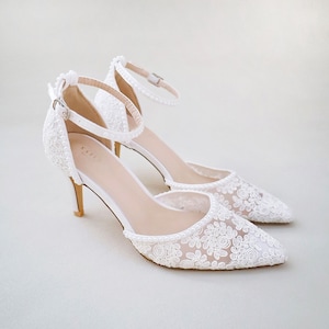 White Crochet Lace Pointy toe HEELS with Mini Pearls - Women Wedding Shoes, Bridesmaid Shoes, Bridal White Shoes, Women Heels
