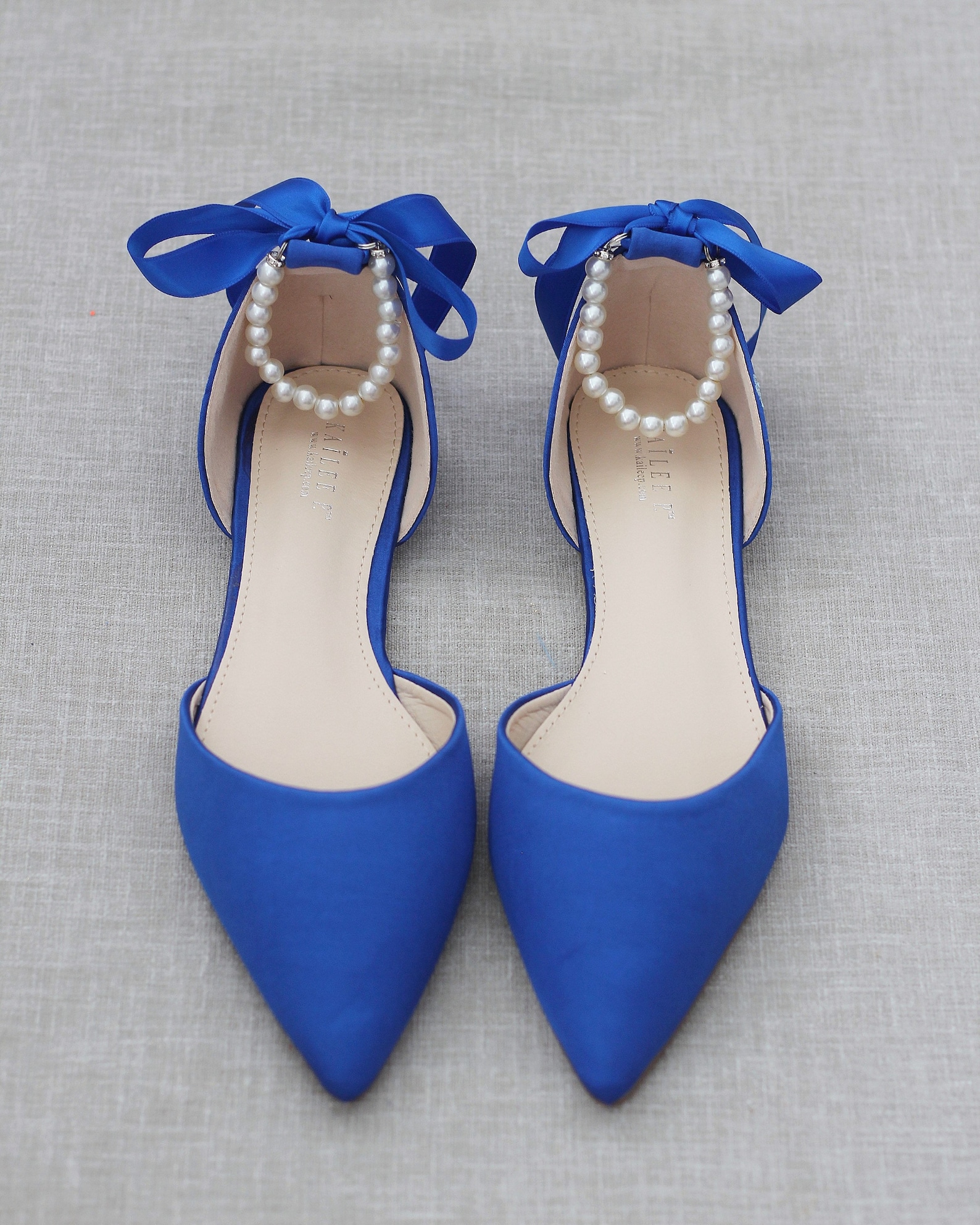 Royal Blue Satin Pointy Toe Flats With PEARLS ANKLE STRAP, Wedding Royal Blue Satin Pointy Toe Flats With PEARLS ANKLE STRAP, Wedding
