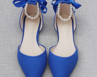 Royal Blue Satin Pointy Toe flats with PEARLS ANKLE STRAP,  Wedding Shoes, Something Blue, Blue Wedding Flats, Bridal Shoes, Holiday Shoes