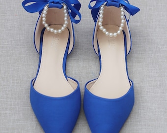 Royal Blue Satin Pointy Toe flats with PEARLS ANKLE STRAP, Wedding Shoes,  Something Blue, Blue Wedding Flats, Bridal Shoes, Holiday Shoes