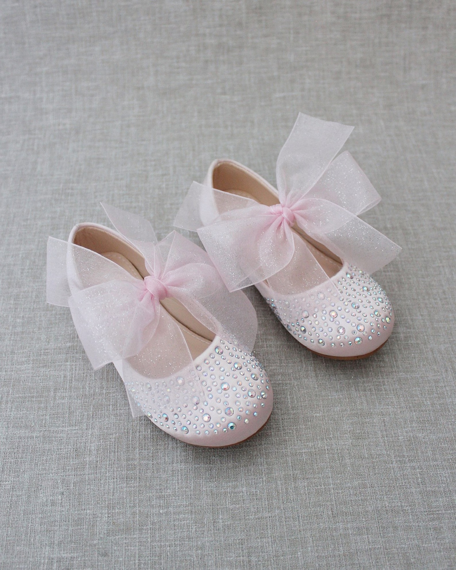 Dusty Pink Satin Mary Jane Flats With CHIFFON BOW and Rhinestones, for ...