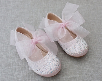 Dusty Pink Satin Mary Jane Flats with CHIFFON BOW and Rhinestones, for flower girls shoes, Easter Shoes, Blush Shoes, Bedazzled Shoes