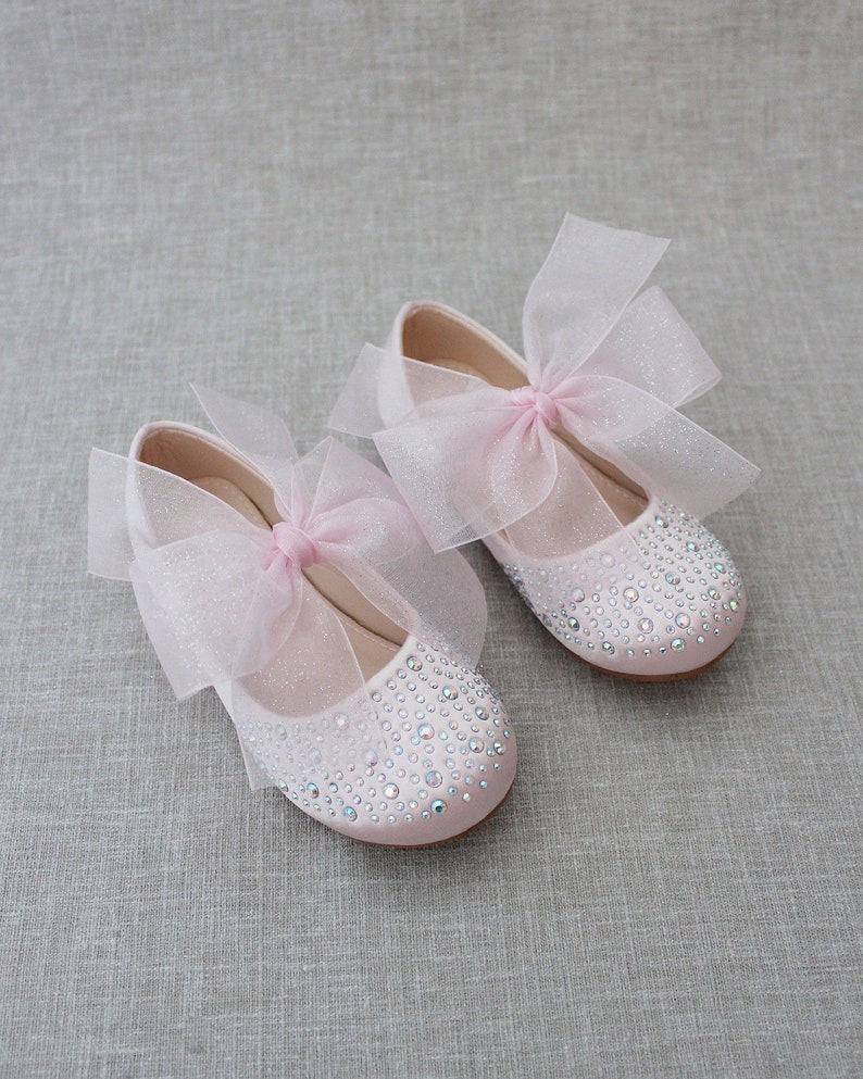 Dusty Pink Satin Mary Jane Flats With CHIFFON BOW and Rhinestones, for ...