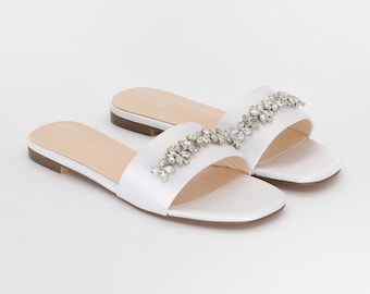 White Satin Slip on Sandals with with Floral Rhinestones, Bridal Sandals, Bridesmaids Sandals, Wedding Sandals