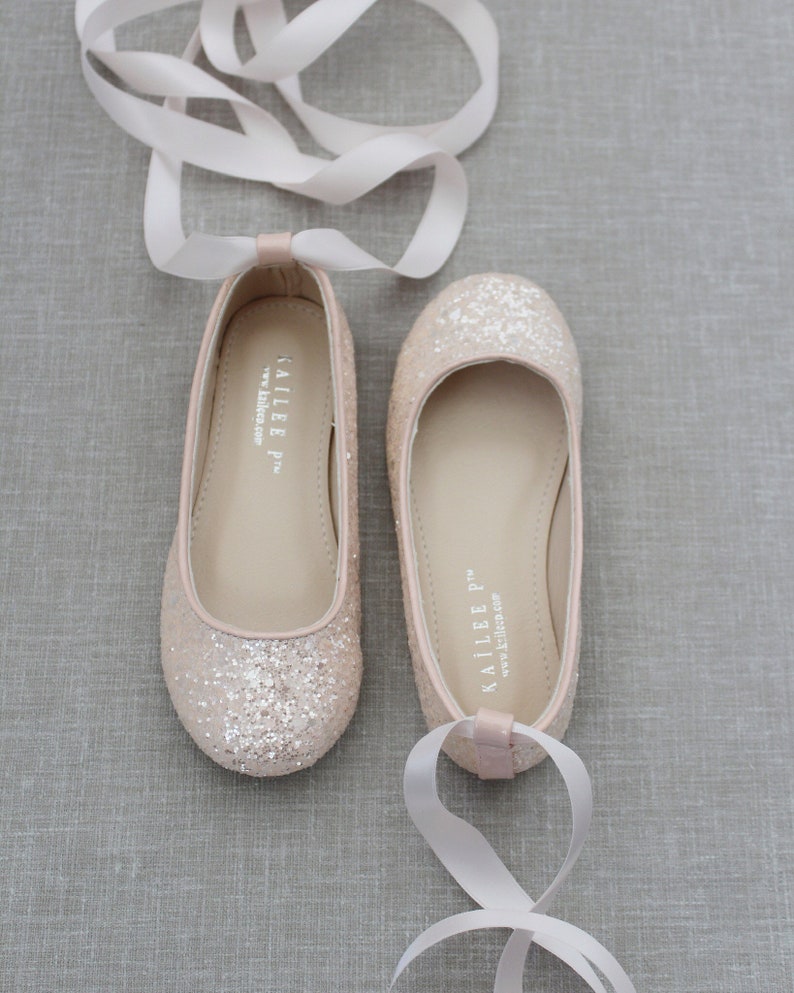Infant and Toddler Shoes Flower girl shoes DUSTY PINK rock glitter ballet flats with Satin Ankle Tie or Ballerina Lace Up Girls Shoes