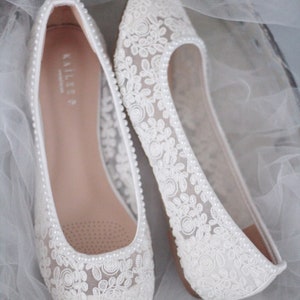 White Lace Round Toe Flats with MINI PEARLS Women Wedding Shoes, Bridesmaid Shoes, Bridal Shoes image 2