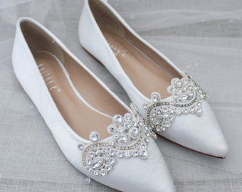 Ivory Satin Pointy Toe Flats with RHINESTONE APPLIQUÉ, Women Wedding Shoes, Ivory Bridal shoes, Bridal Flats