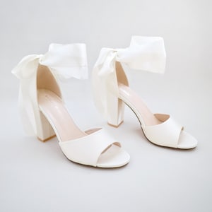 Ivory Satin Block Heel Wedding Sandals with Wrapped Ribbon Tie - Women Wedding Shoes, Bridal Shoes, Wedding Heels