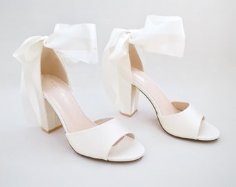 Ivory Satin Block Heel Wedding Sandals with Wrapped Ribbon Tie - Women Wedding Shoes, Bridal Shoes, Wedding Heels