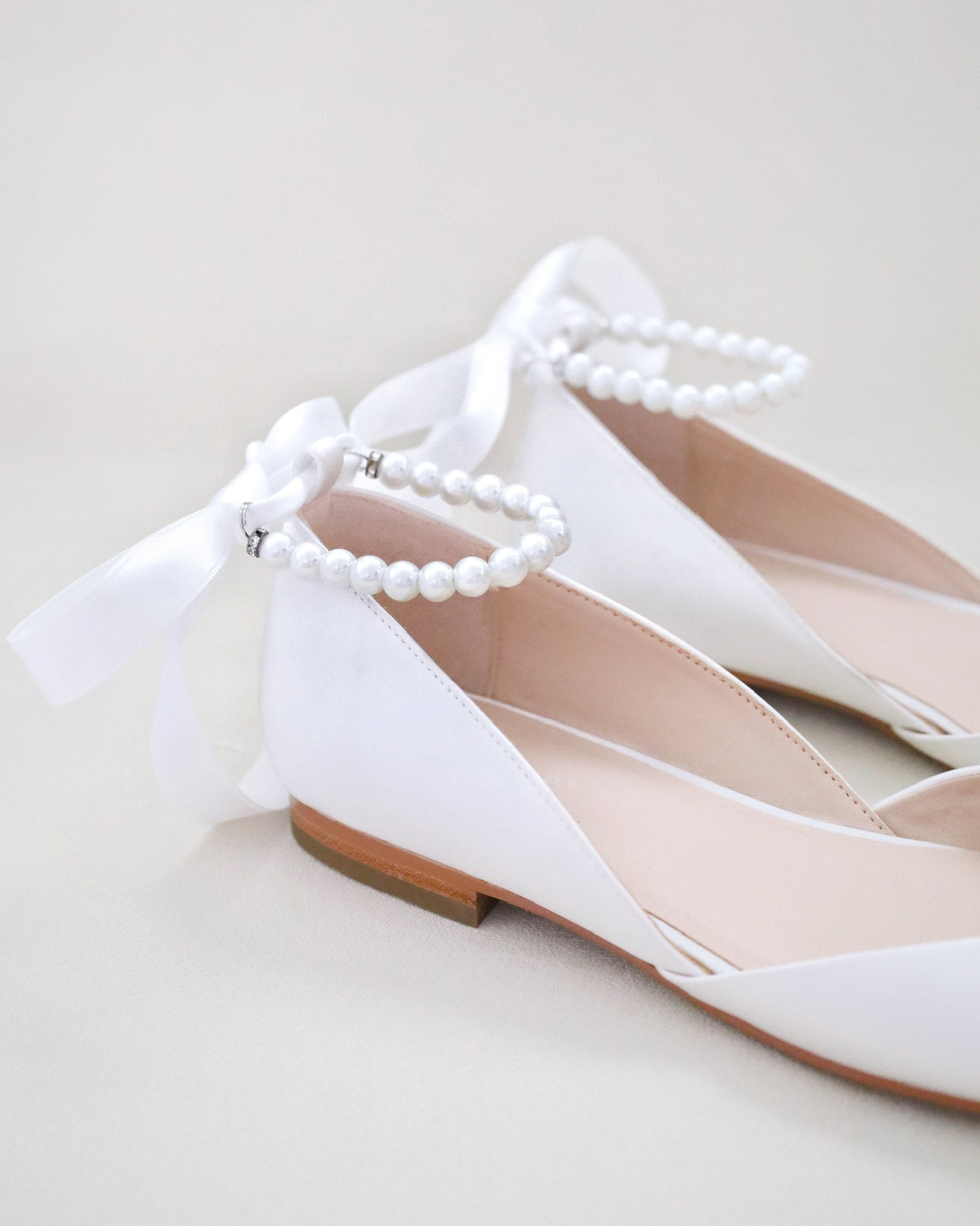 White Satin Flats With All Pearls Ankle Strap, Wedding Shoes, Bridal White Satin Flats With All Pearls Ankle Strap, Wedding Shoes, Bridal