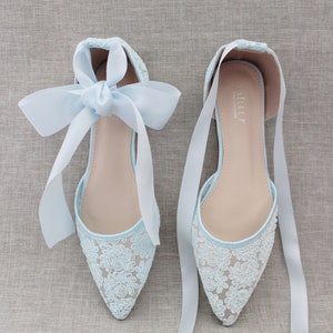 Light Blue Crochet Lace Pointy Toe Flats - Women Wedding Shoes, Bridesmaid Shoes, Bridal Flats, Wedding Flats, Bridal Lace Shoes