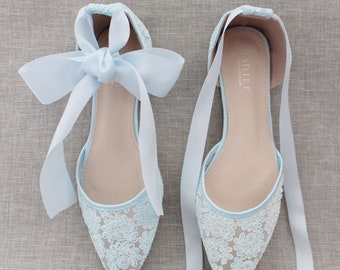 Light Blue Crochet Lace Pointy Toe Flats - Women Wedding Shoes, Bridesmaid Shoes, Bridal Flats, Wedding Flats, Bridal Lace Shoes