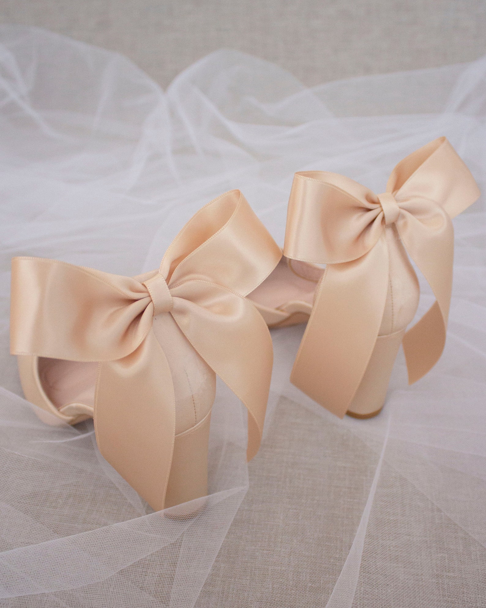 champagne satin block heels