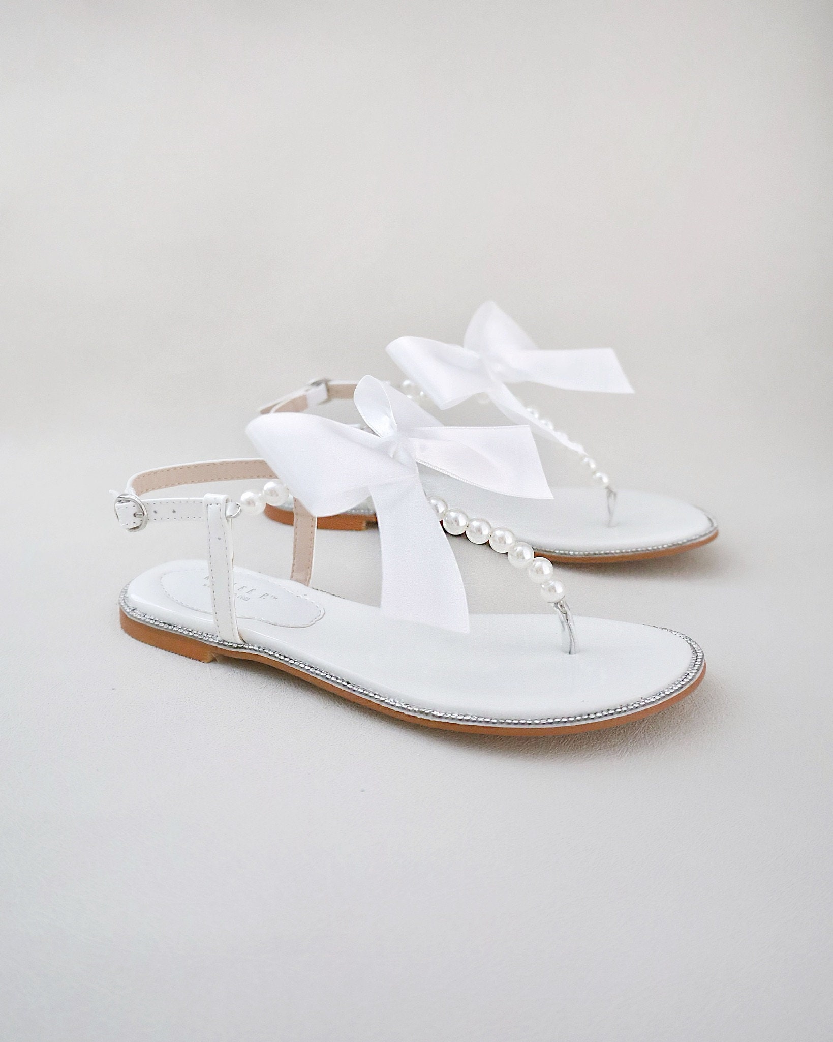 White Satin Flat Sandal With Mesh Mini RHINESTONES Bow, Bridesmaid