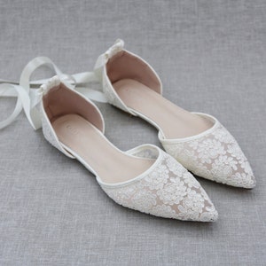 Ivory Crochet Lace Pointy Toe Flats Women Wedding Shoes