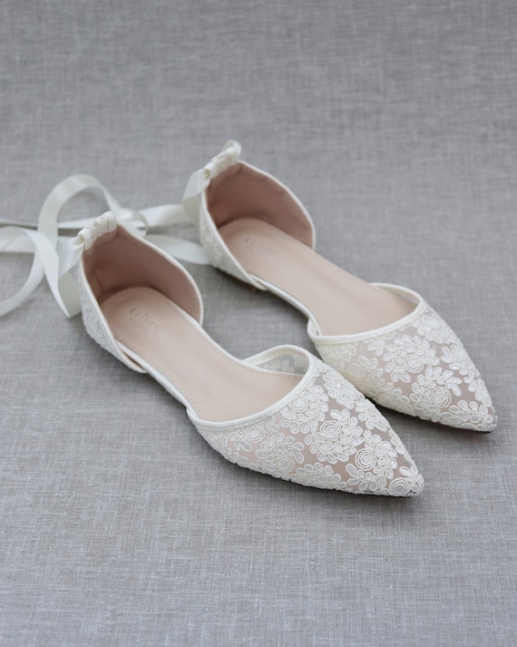 Ivory Crochet Lace Pointy Toe Flats Women Wedding Shoes 