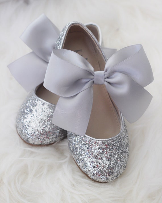 black bow silver glitter shoes Flower Girl Shoes silver kids shoes Glitter mary-jane with satin ribbon bow