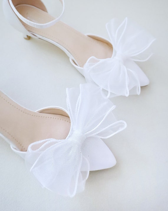 Buy White Satin Pointy Toe Low Heels With Organza Bow Fall