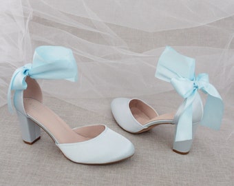 Light Blue Satin Block Heel with Wrapped Satin Tie, Women Wedding Shoes, Bridal Shoes, Bridal Heels, Bride Heels, Something Blue