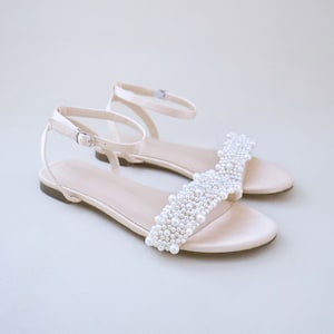 Champagne Satin Flat Sandal with Perla Applique, Bridesmaid Shoes, Women Sandals, Kids Sandals, Mommy and Me Shoes