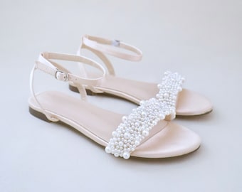 Champagne Satin Flat Sandal with Perla Applique, Bridesmaid Shoes, Women Sandals, Kids Sandals, Mommy and Me Shoes